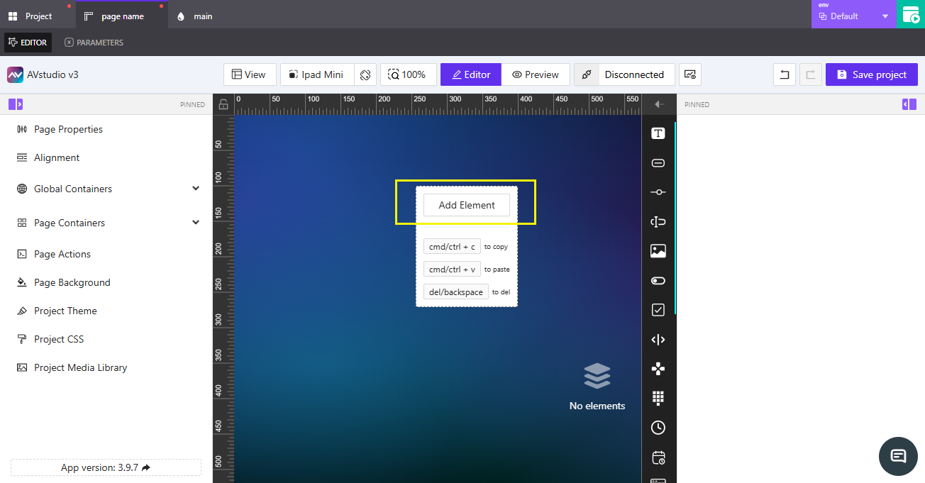 Add an element using the Editor context menu Add Element from Editor