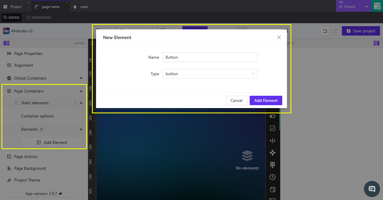 Add an element using the Page Containers panel Add Element from Page Containers