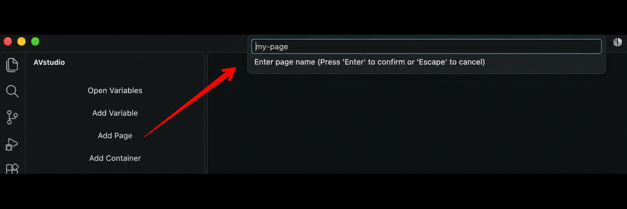 Recreated AVstudio Add Page sidebar and Enter page name prompt