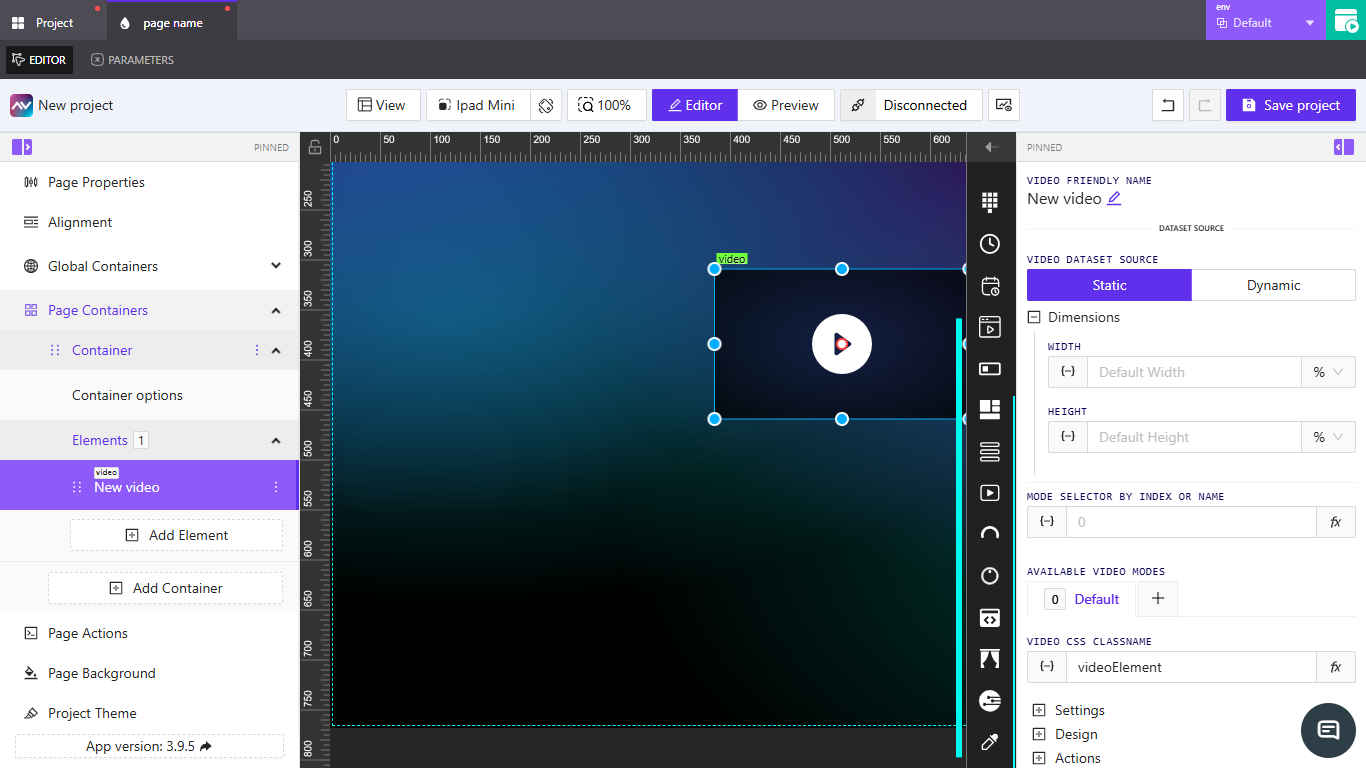Add a Video element from Page Containers Add Video Element