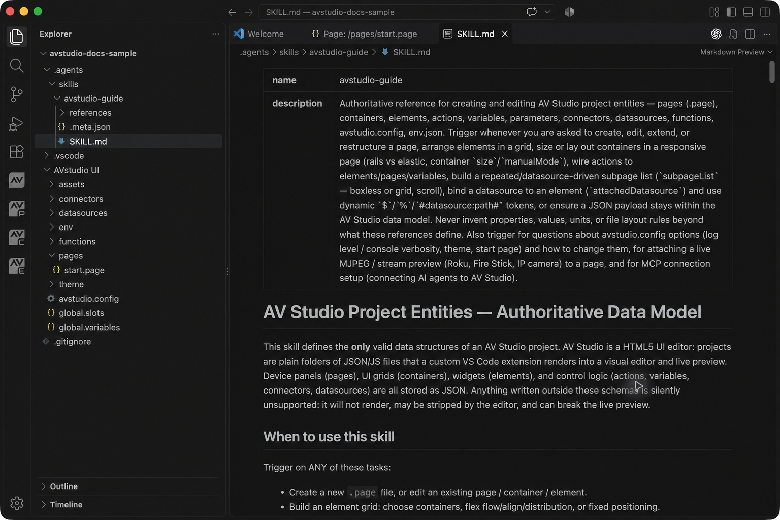 Generated avstudio-guide skill and references outside AVstudio UI in VS Code Explorer