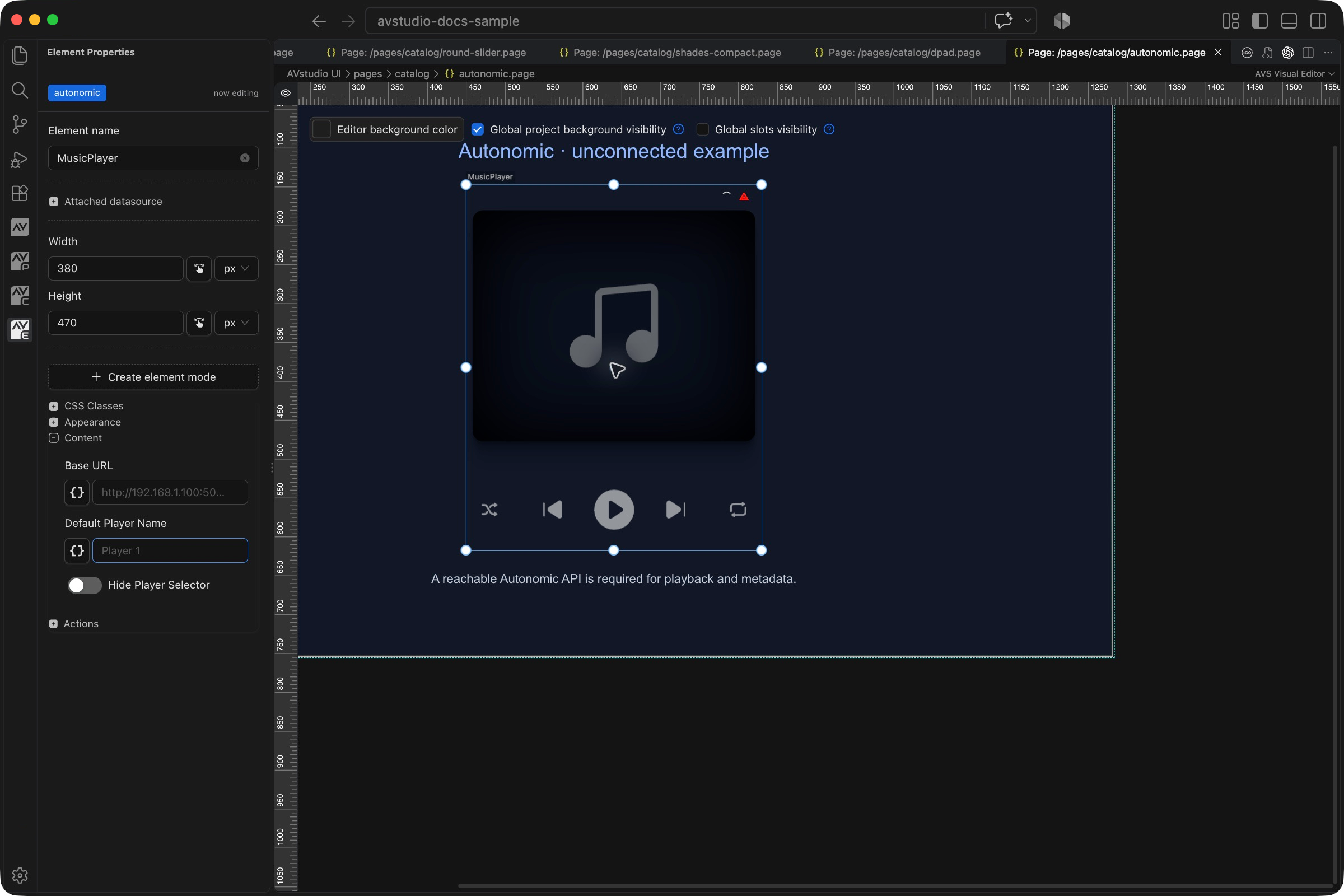 Autonomic selected in VS Code with its Element Properties sidebar and visual canvas