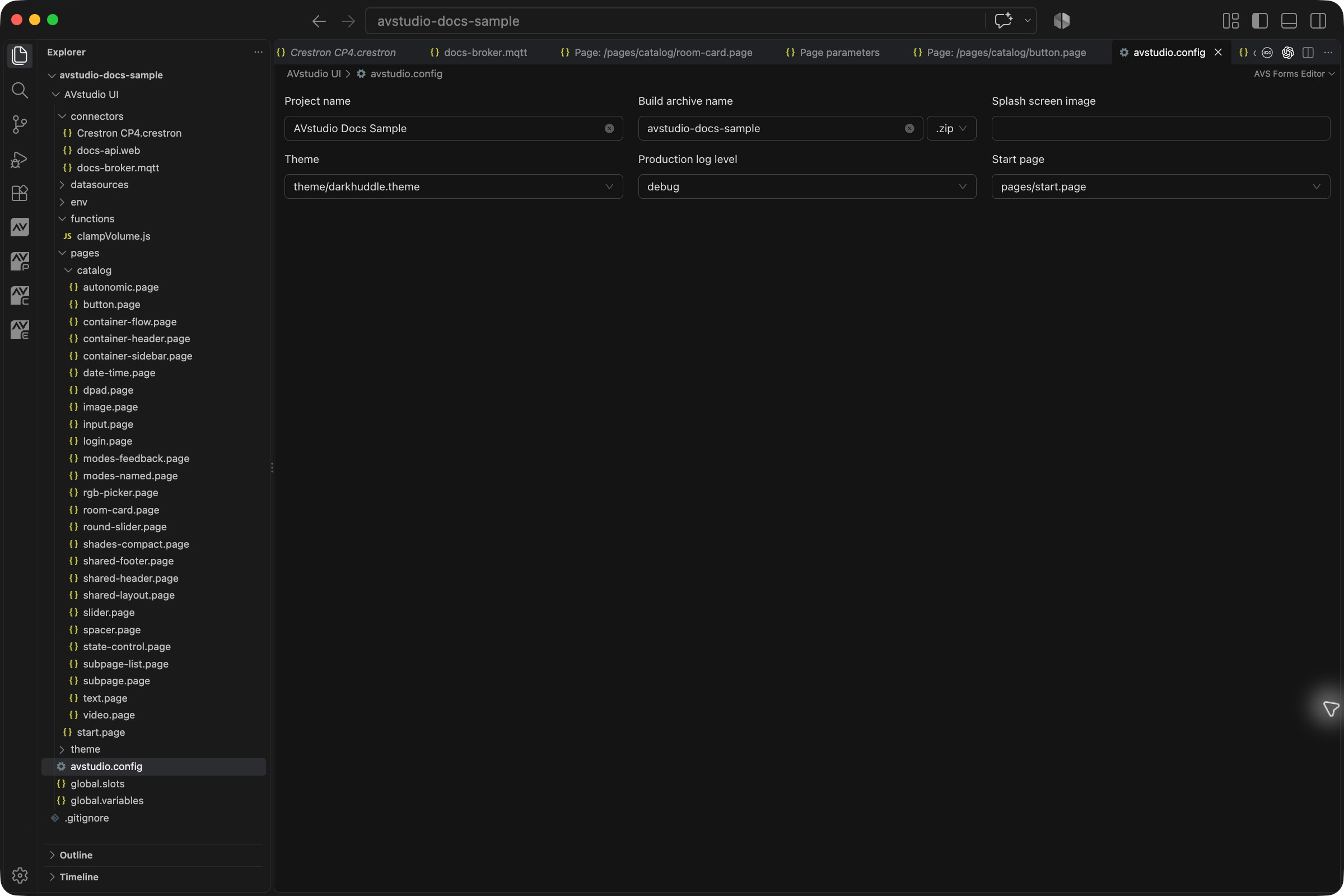 AVstudio project settings in the VS Code Forms Editor