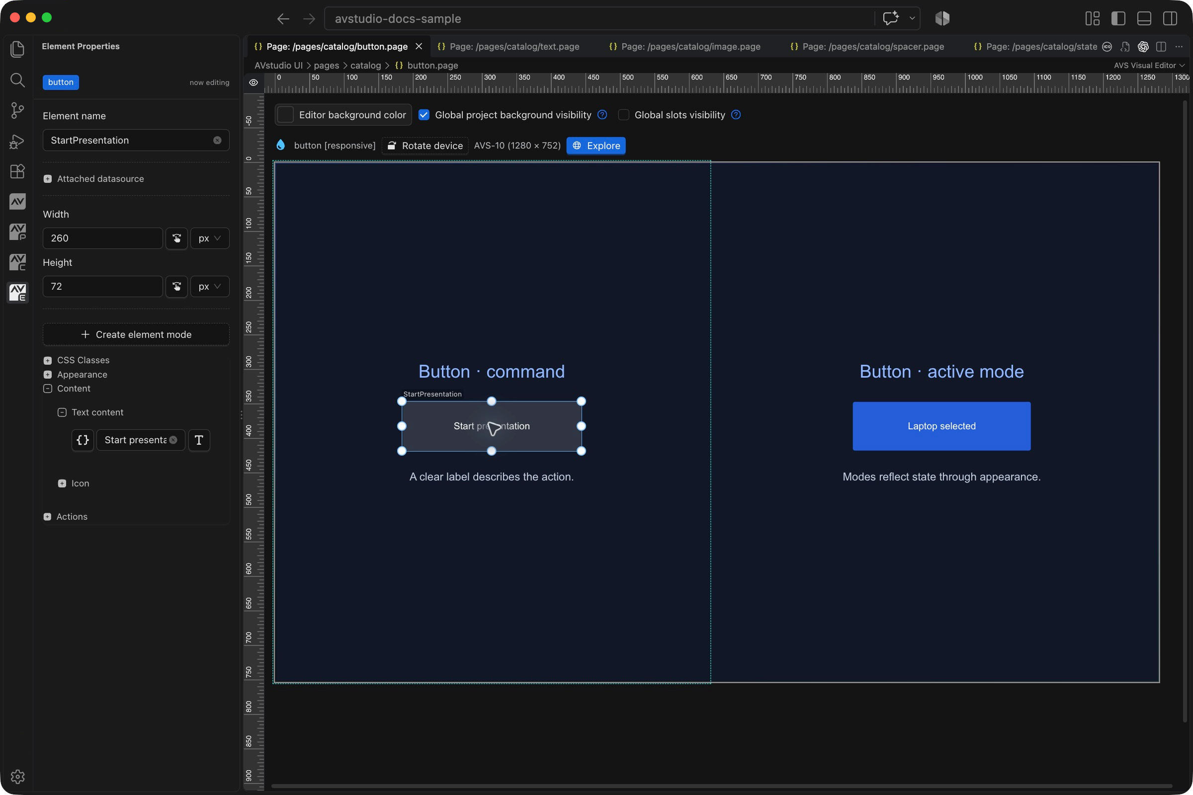 Button selected in VS Code with its Element Properties sidebar and visual canvas