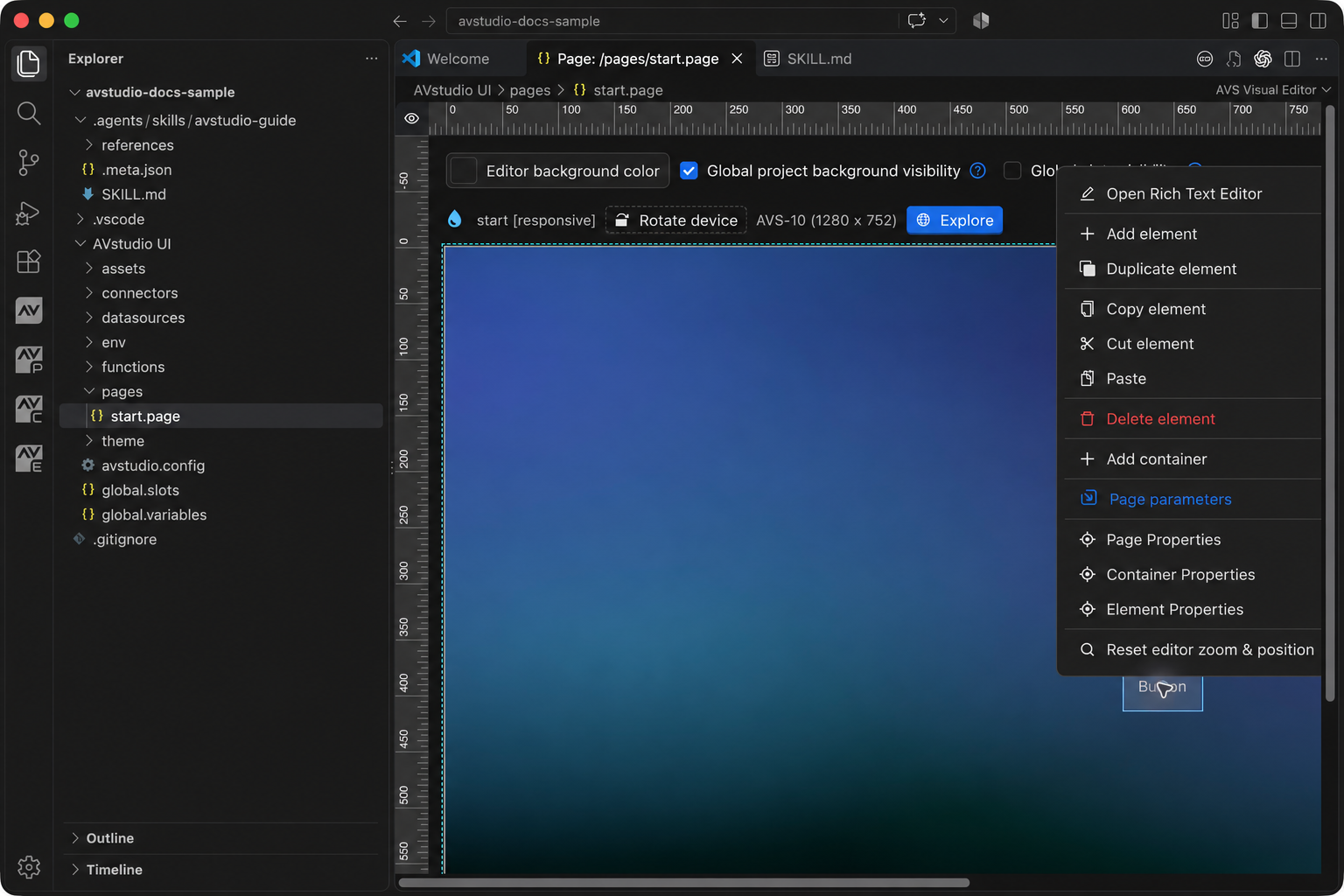 Canvas context menu with Add element, Add container, and property-panel commands