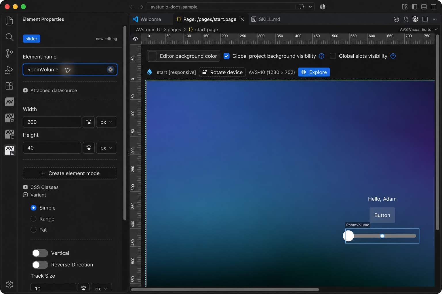 RoomVolume Slider selected in Element Properties, with Simple, Range, and Fat variants