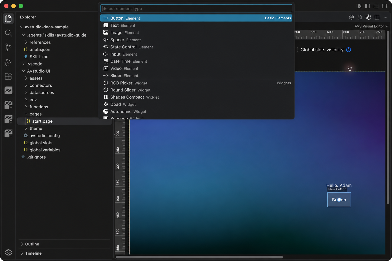 Select element type picker showing Basic Elements and Widgets in VS Code