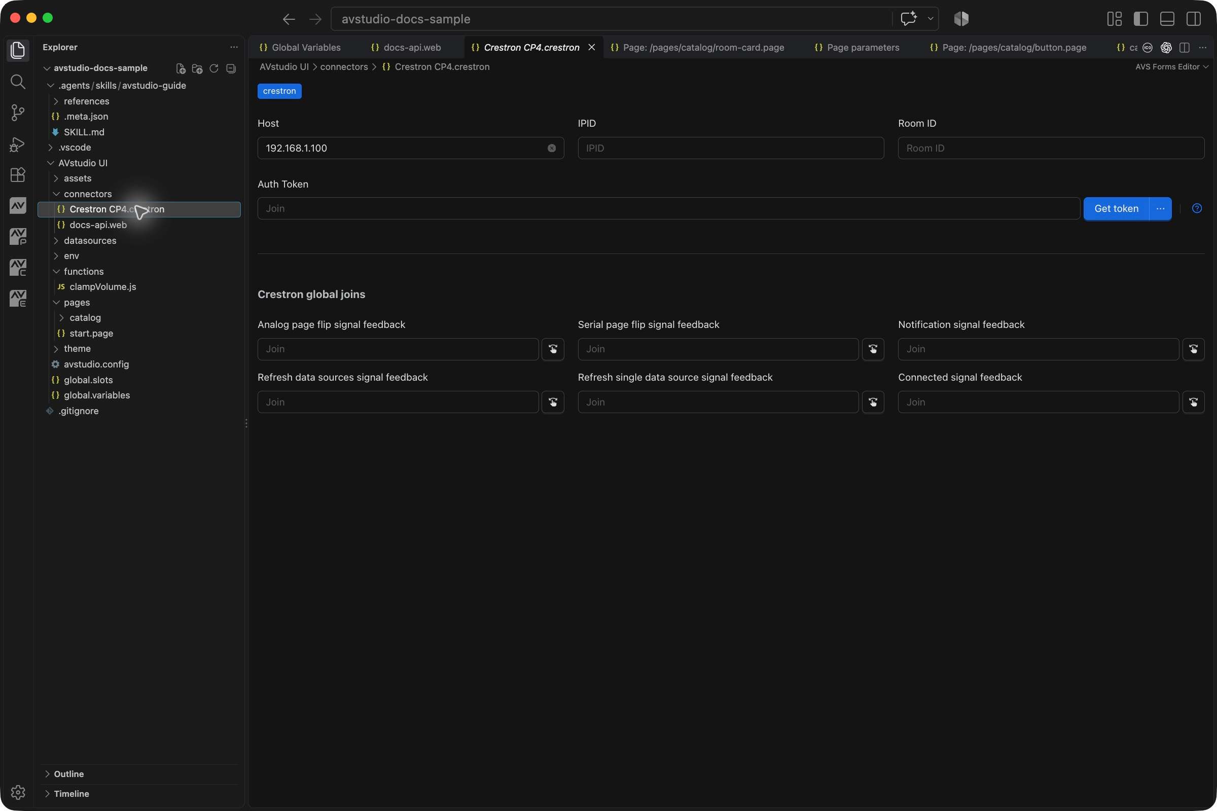 Crestron connector and global feedback fields in the VS Code Forms Editor