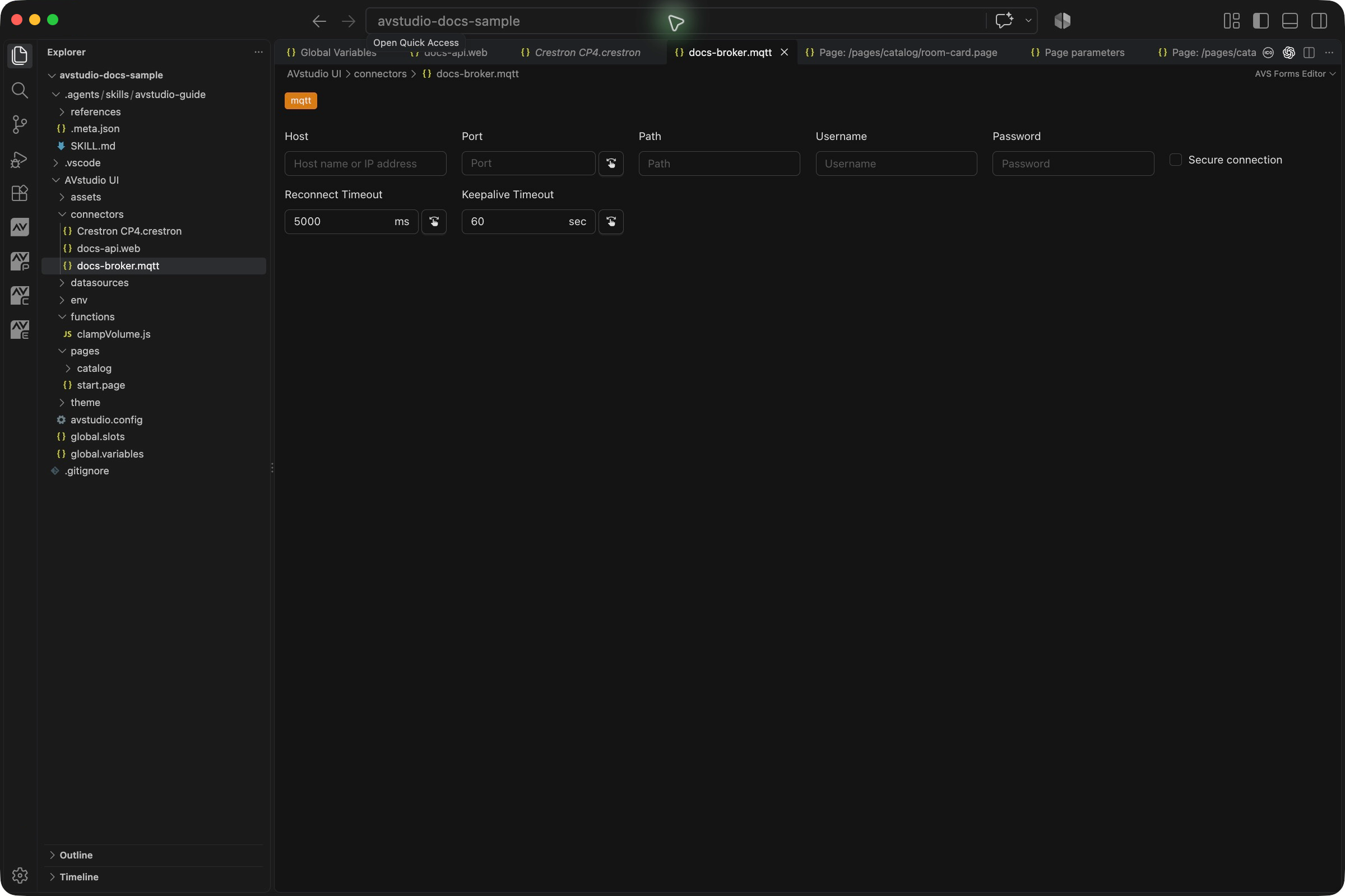 MQTT connector template in VS Code showing host, port, path, credentials, security, and timeout units