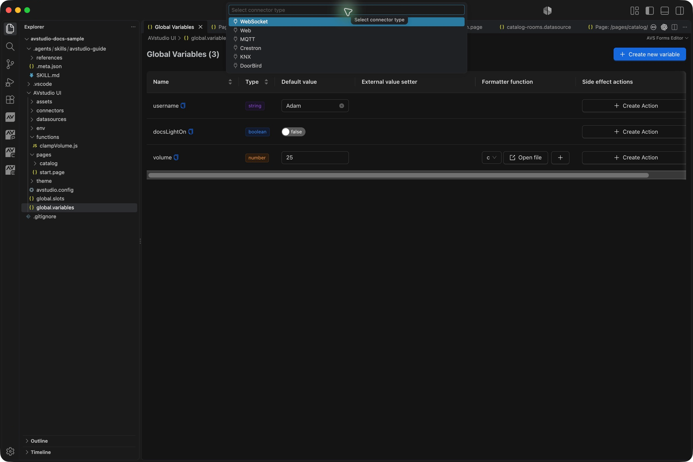 VS Code connector creation picker showing the available protocol types