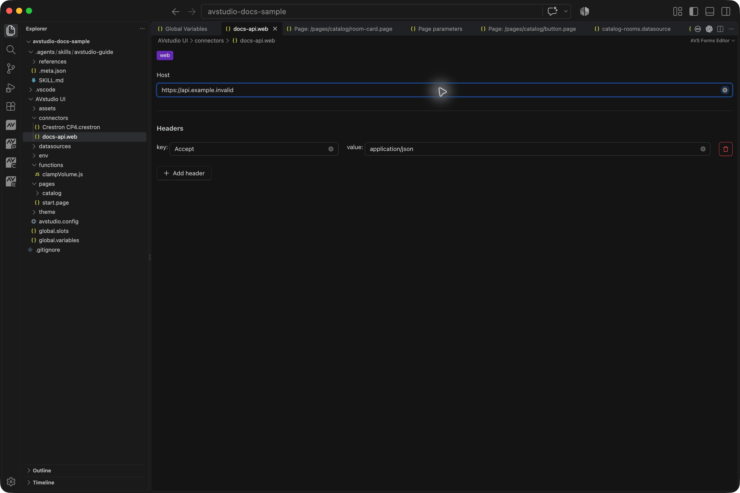Web connector in VS Code with a placeholder host and an Accept application/json header