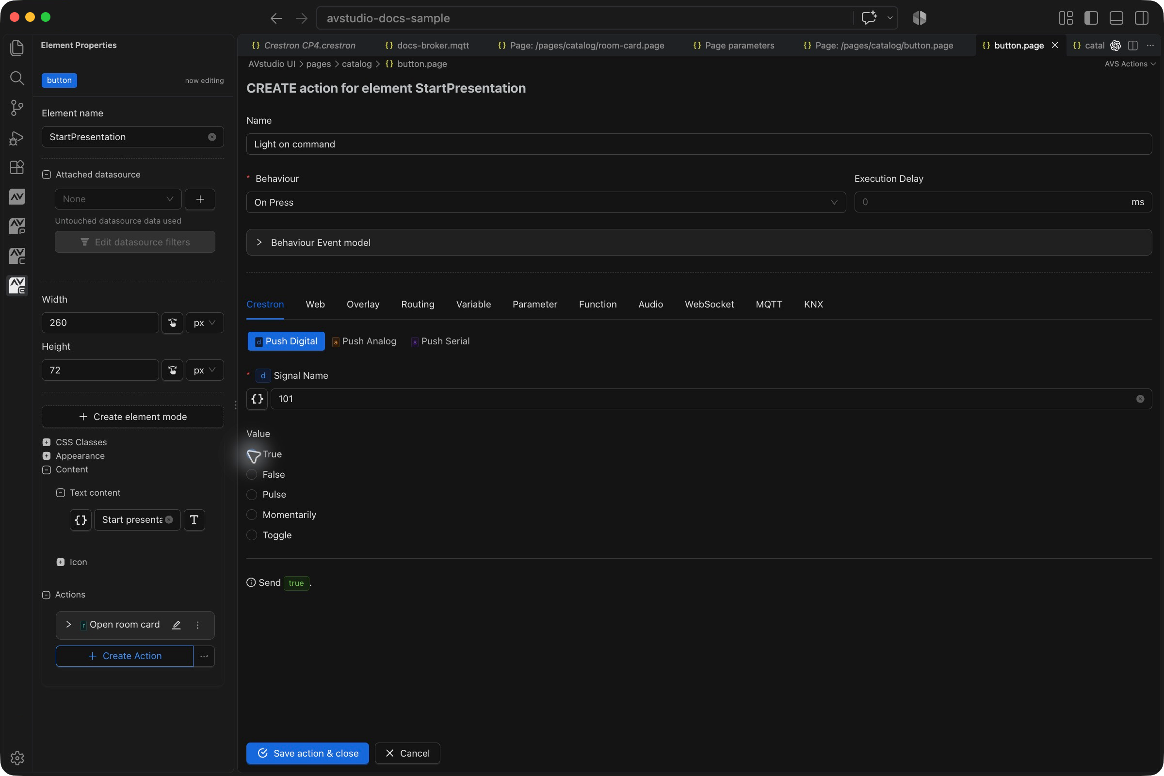 Crestron Push Digital action with join 101 and True selected in VS Code