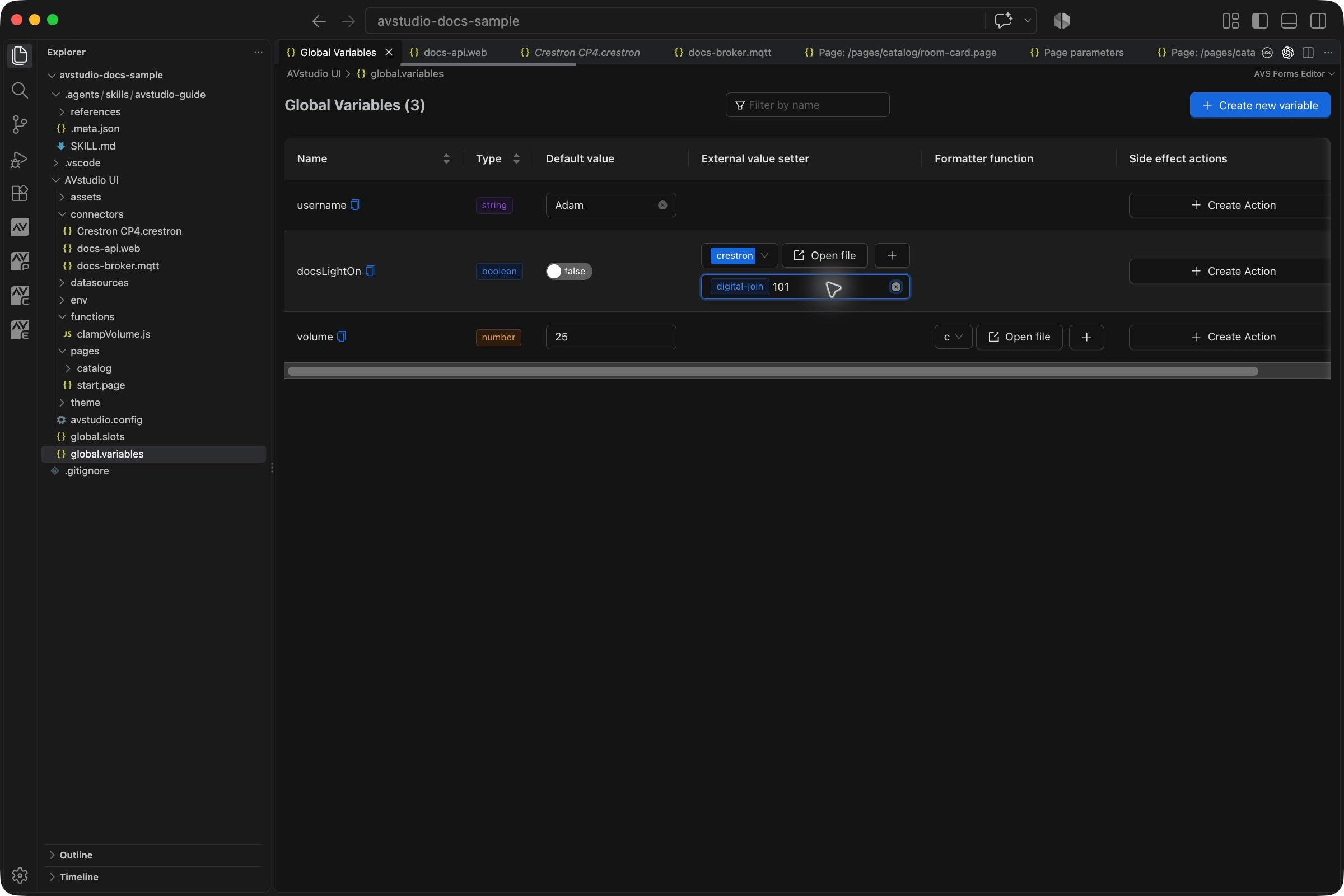 Global Variables with docsLightOn bound to Crestron digital join 101