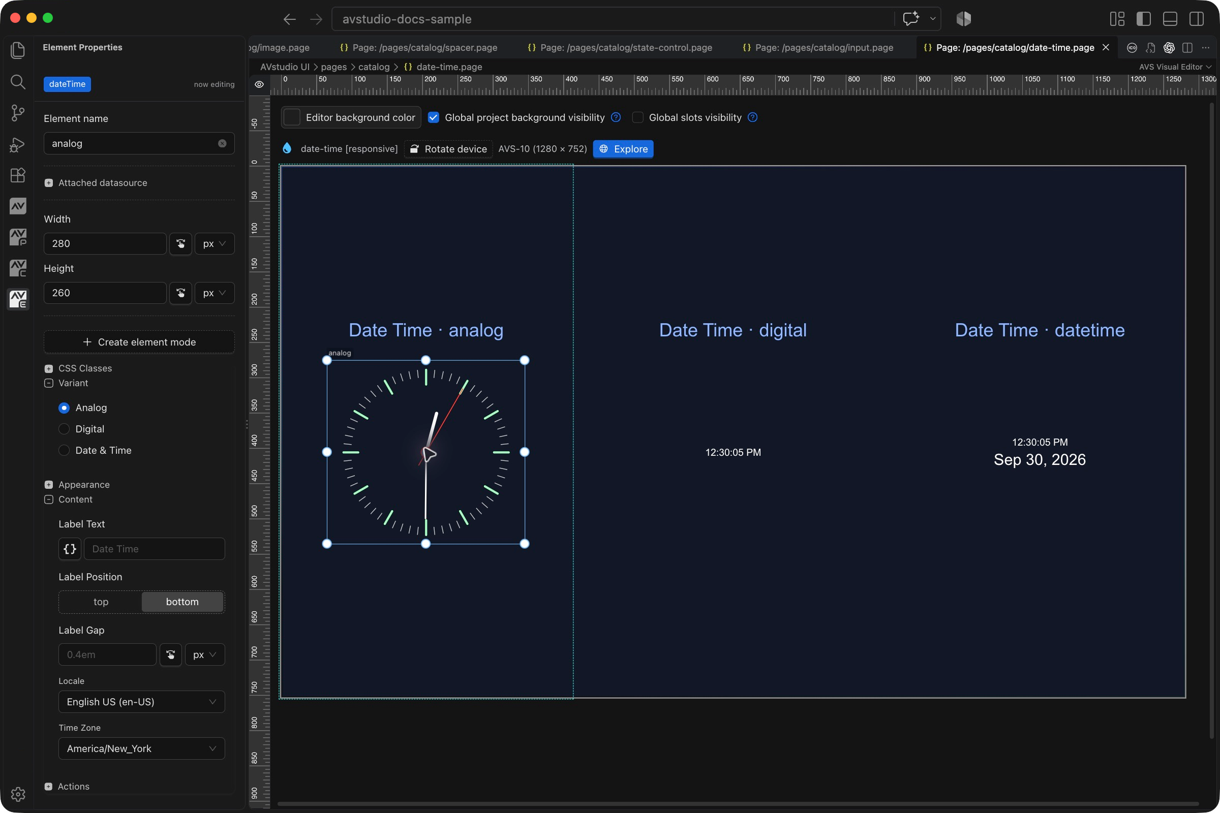 Date Time selected in VS Code with its Element Properties sidebar and visual canvas