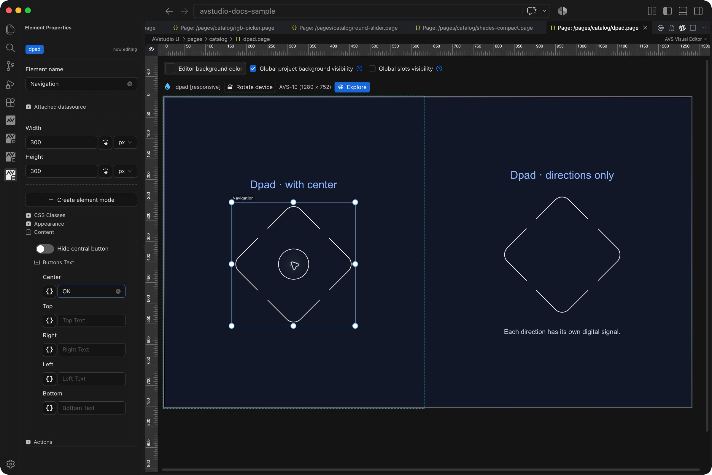 Dpad selected in VS Code with its Element Properties sidebar and visual canvas