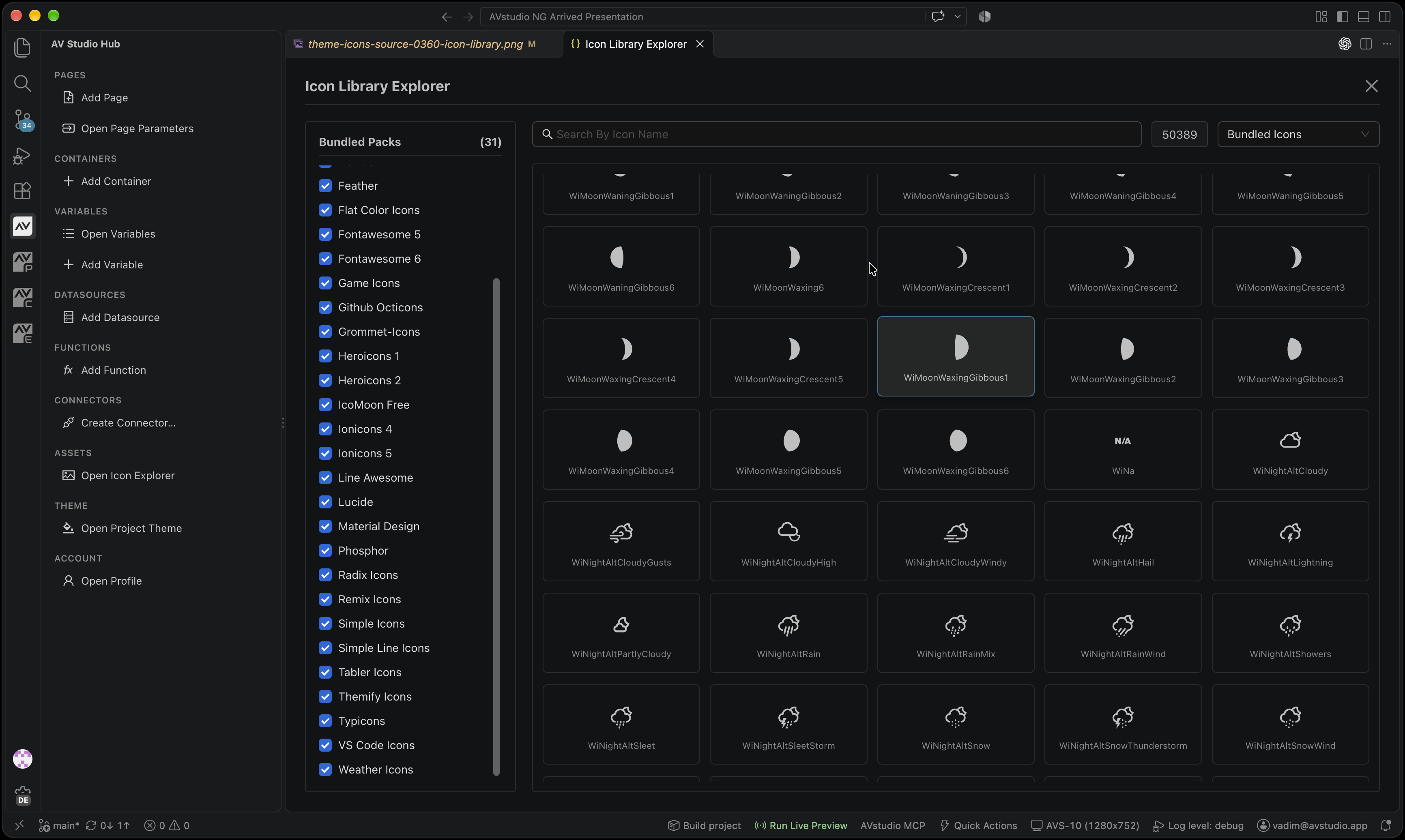 Icon Library Explorer with searchable weather symbols and the Bundled Packs list