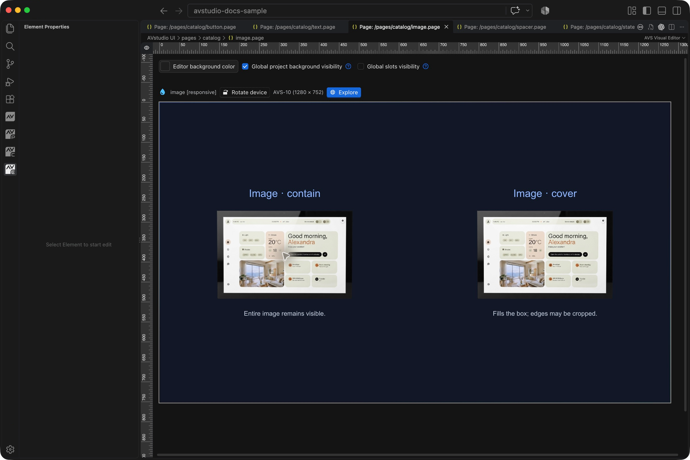 Image selected in VS Code with its Element Properties sidebar and visual canvas
