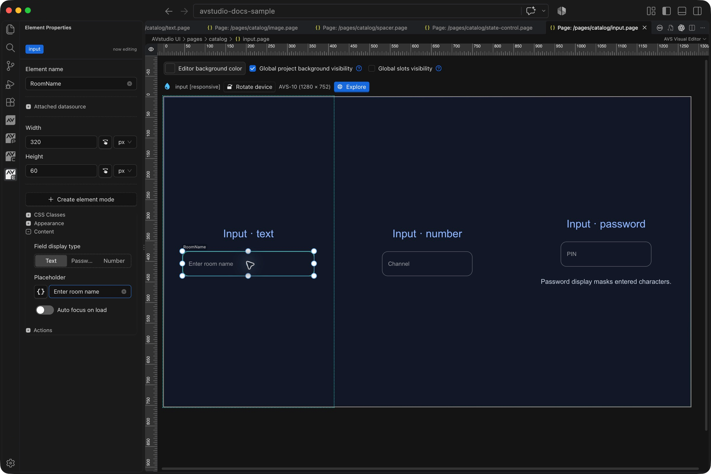 Input selected in VS Code with its Element Properties sidebar and visual canvas
