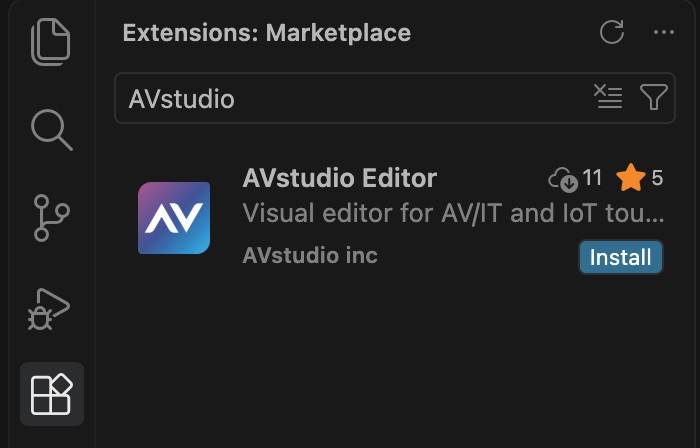 VS Code Extensions search for AVstudio, showing AVstudio Editor by AVstudio inc and its Install button