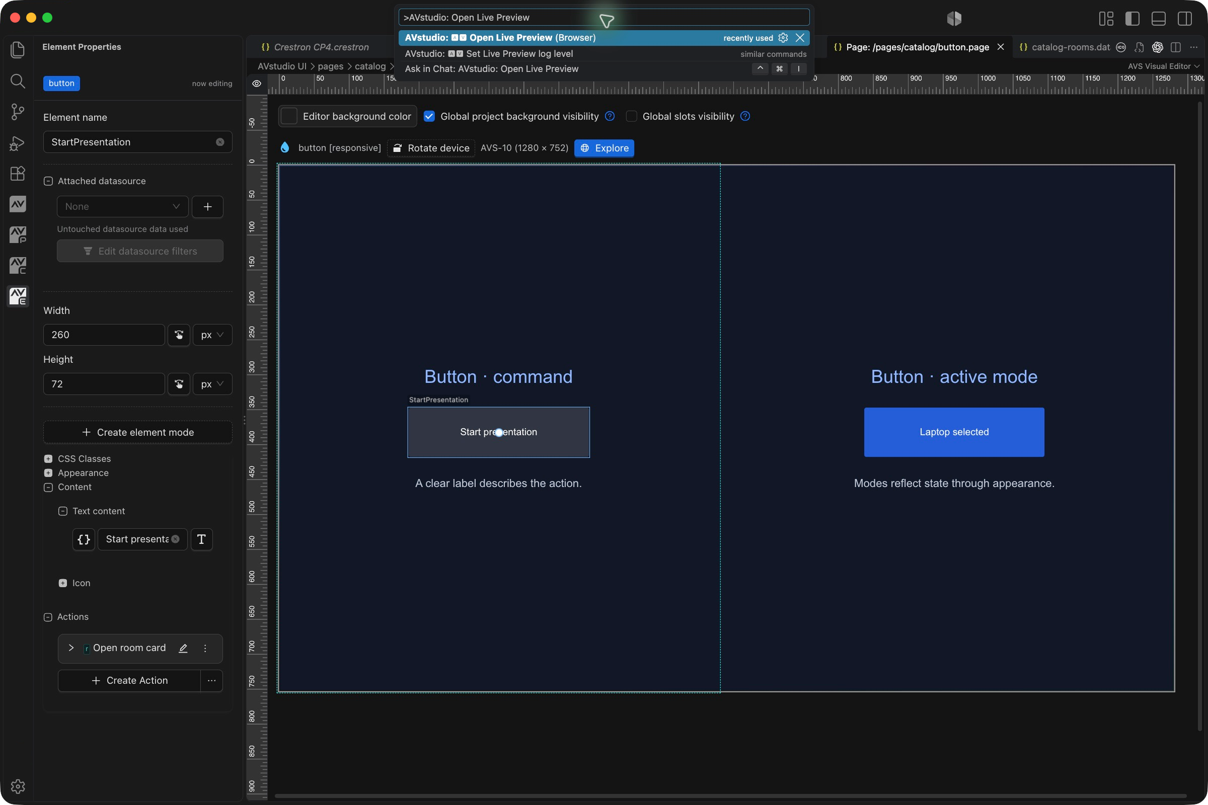 VS Code Command Palette showing Open Live Preview above the active NG page