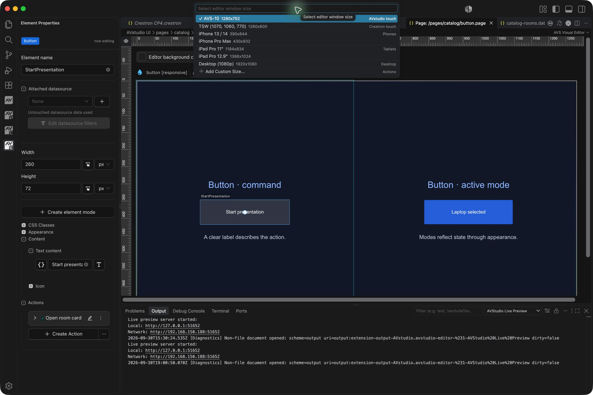 VS Code device-size picker showing the current preset and custom size option