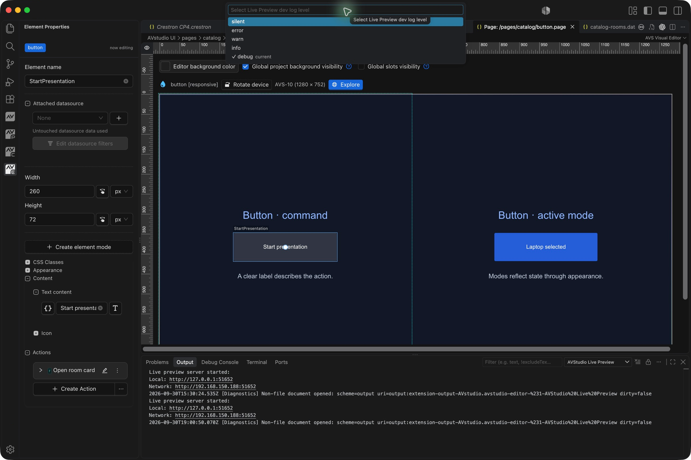 Live Preview development logging picker in VS Code with debug marked current