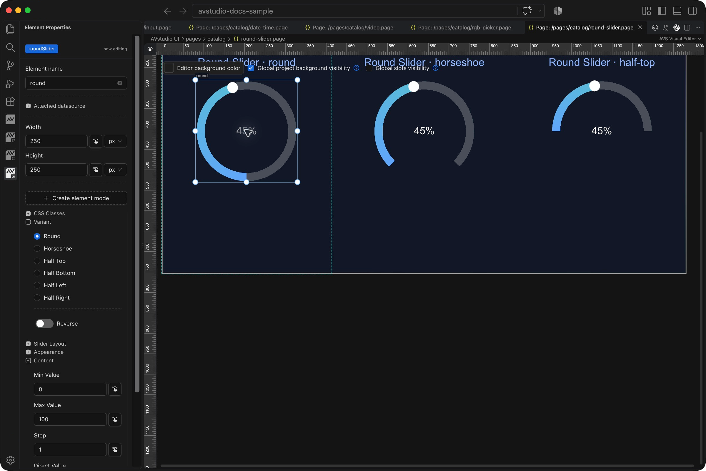 Round Slider selected in VS Code with its Element Properties sidebar and visual canvas