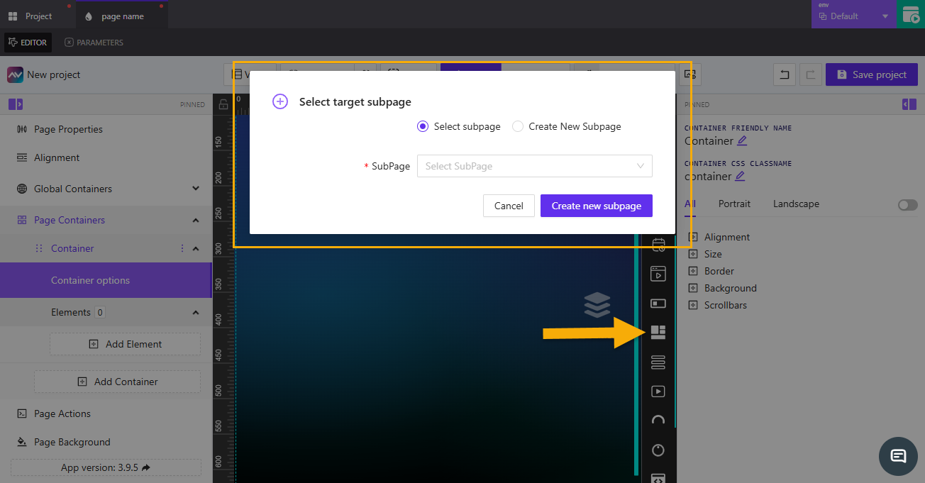 Select target subpage from the Editor toolbar. Select Target Subpage