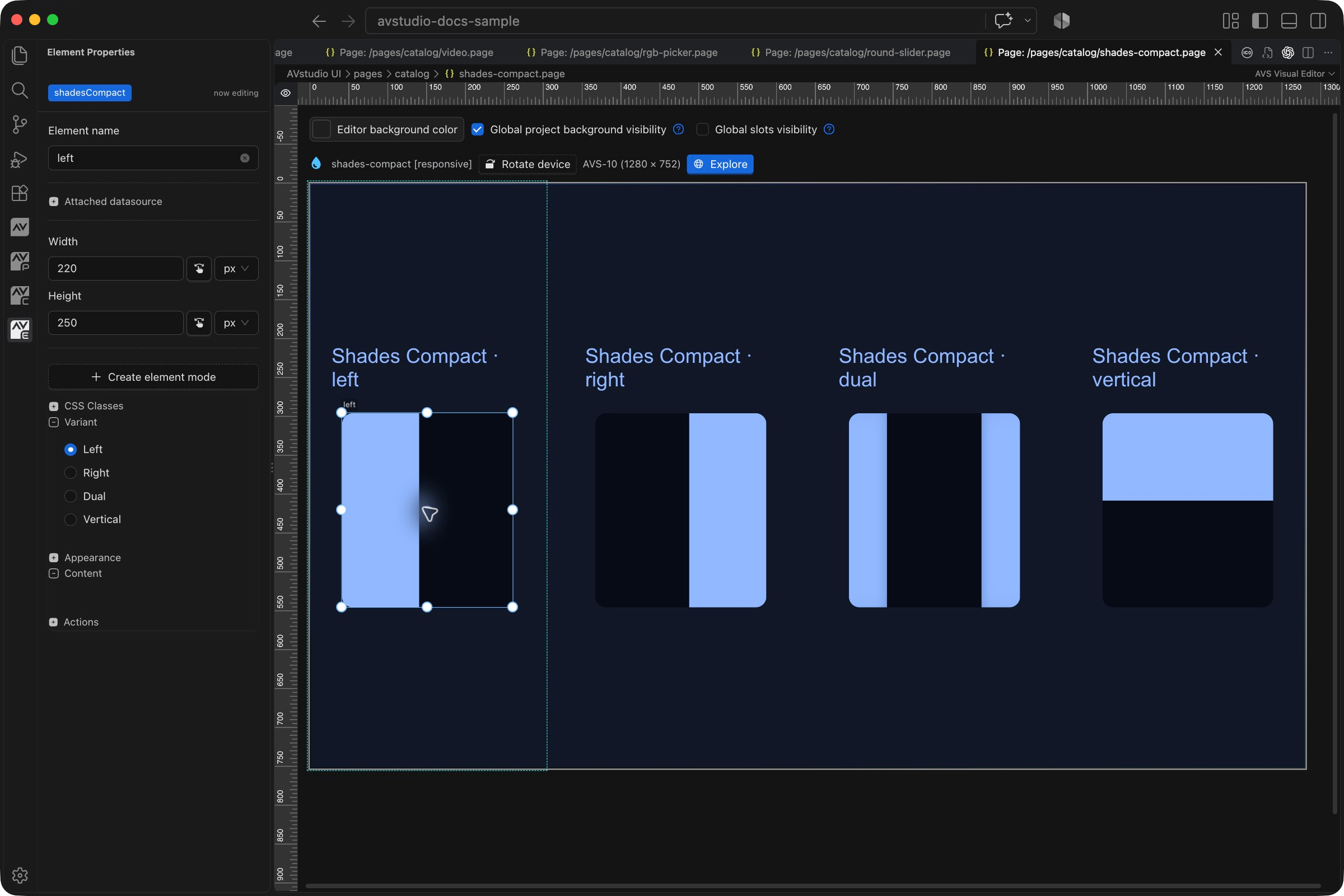Shades Compact selected in VS Code with its Element Properties sidebar and visual canvas