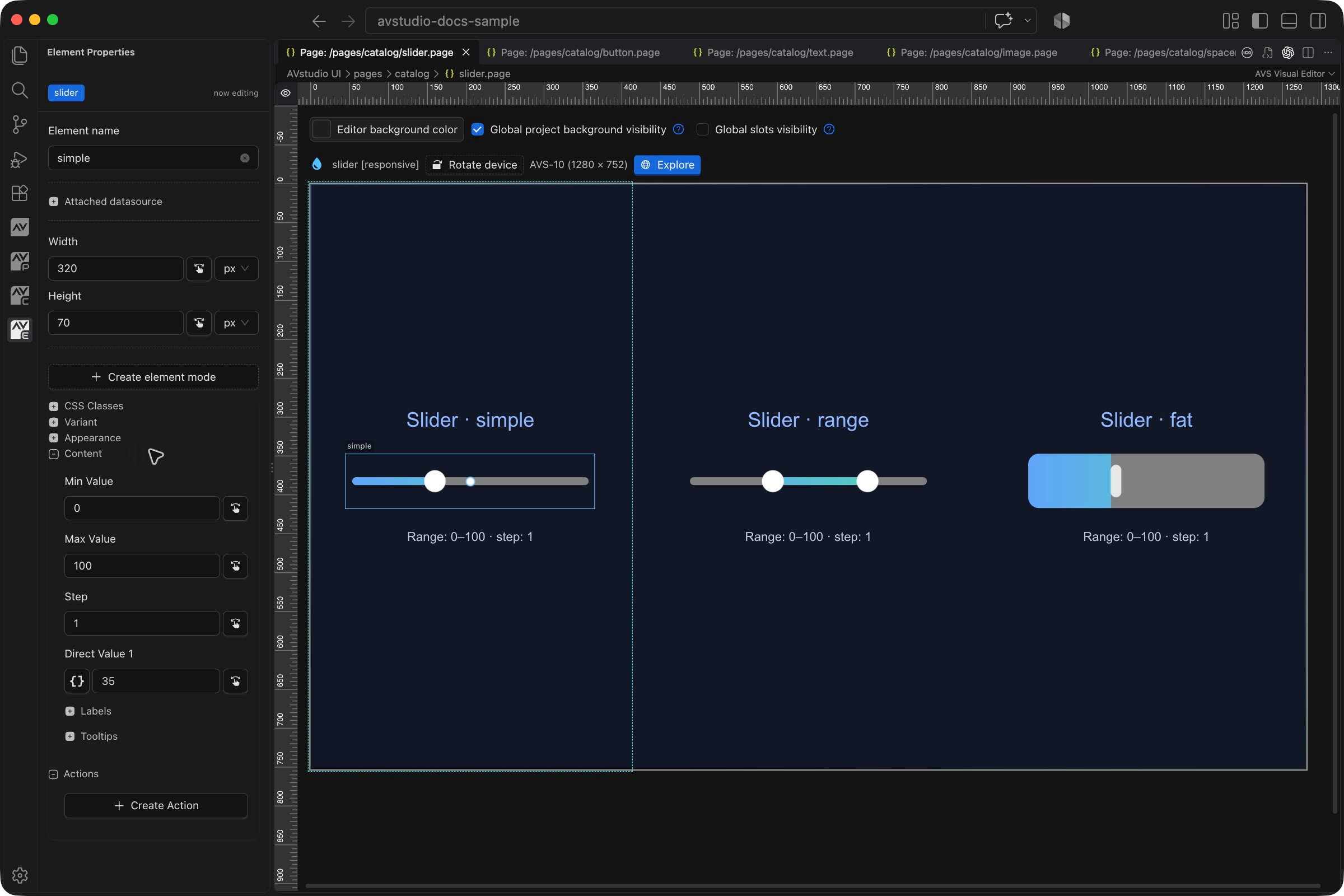 Slider Content settings in VS Code