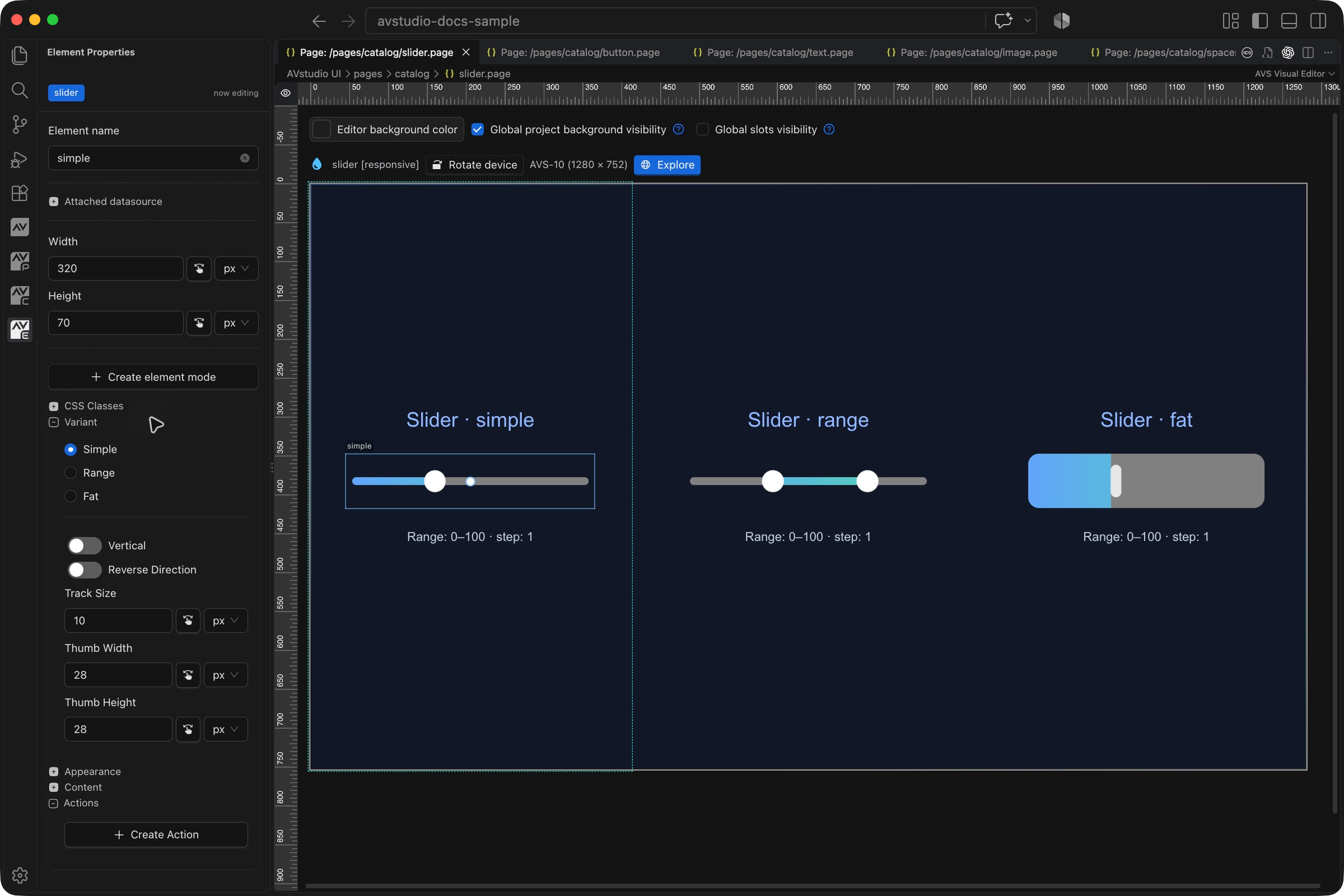 Slider selected in VS Code with its Element Properties sidebar and visual canvas