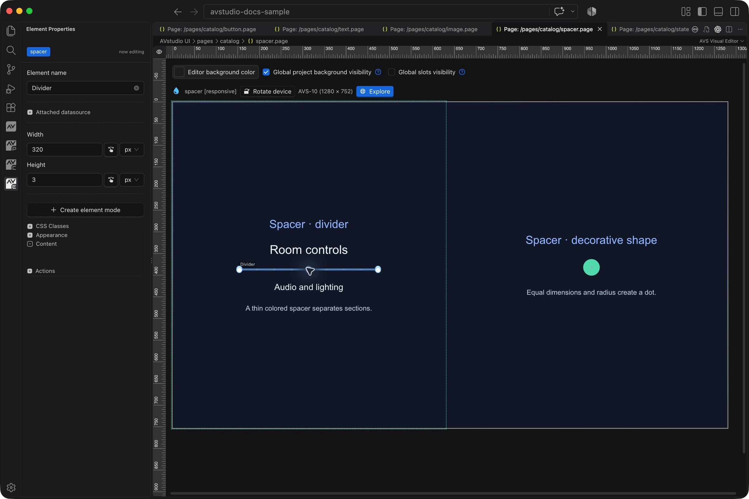 Spacer selected in VS Code with its Element Properties sidebar and visual canvas