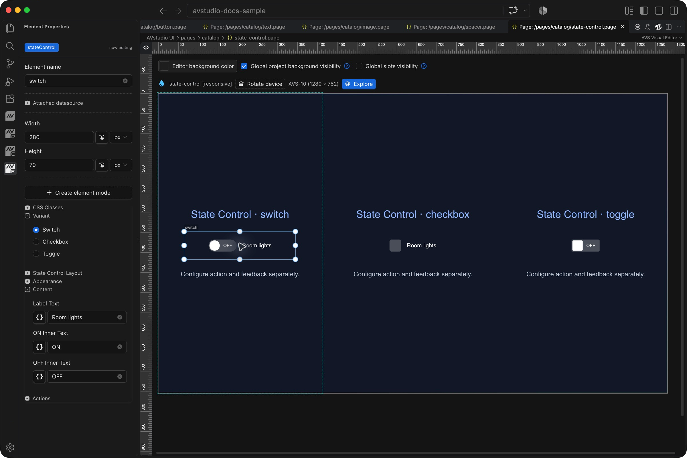 State Control selected in VS Code with its Element Properties sidebar and visual canvas