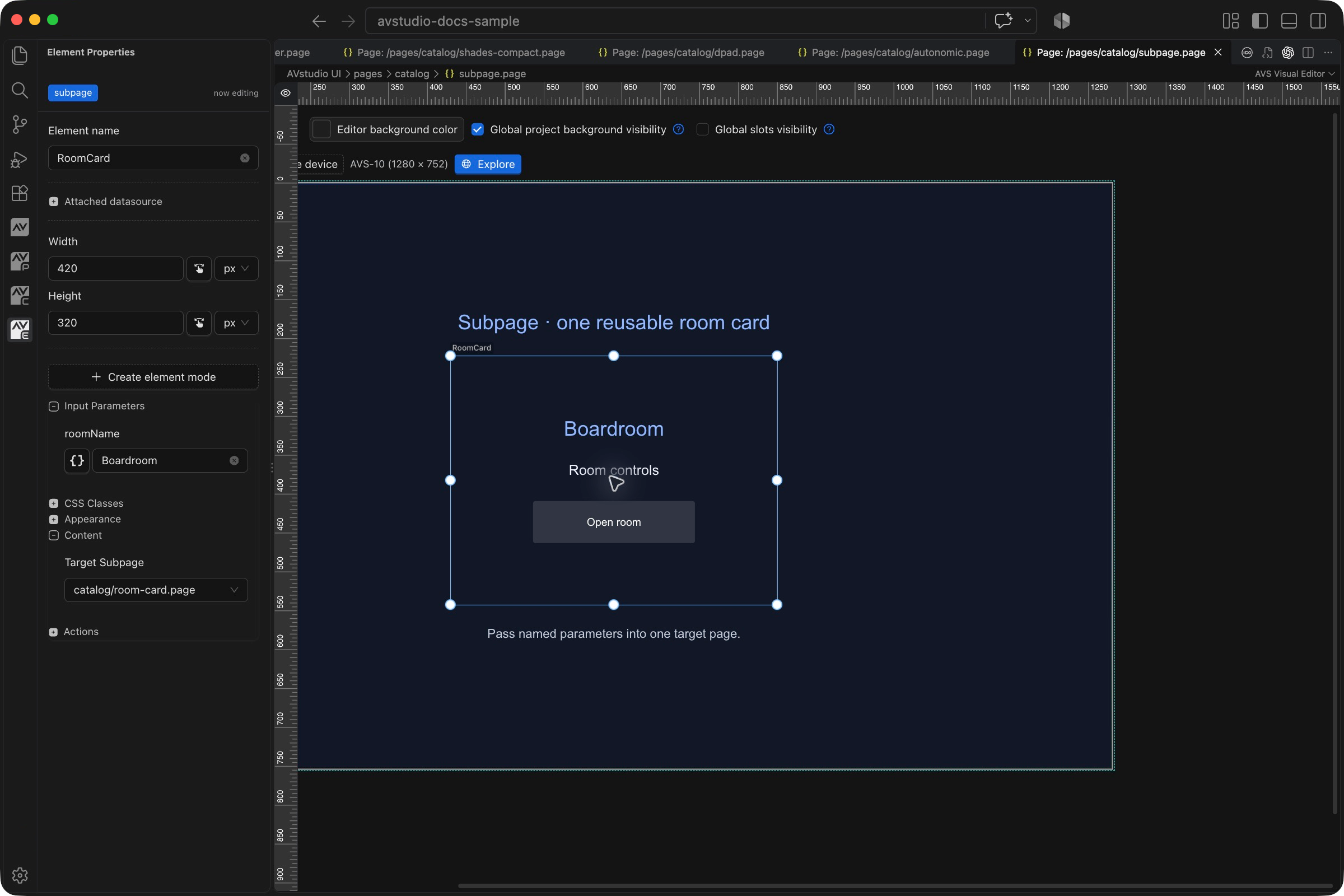 Subpage selected in VS Code with its Element Properties sidebar and visual canvas