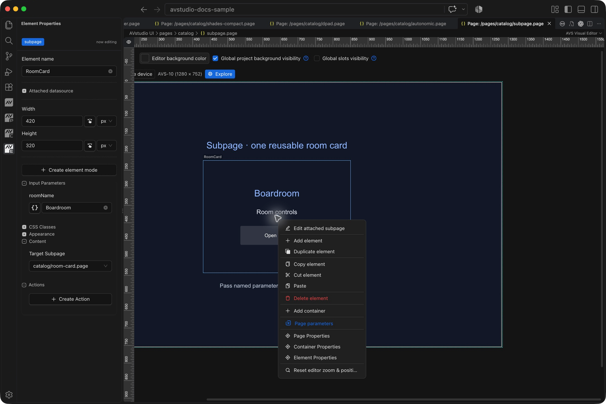 Subpage right-click menu in VS Code showing Edit attached subpage and the element editing commands