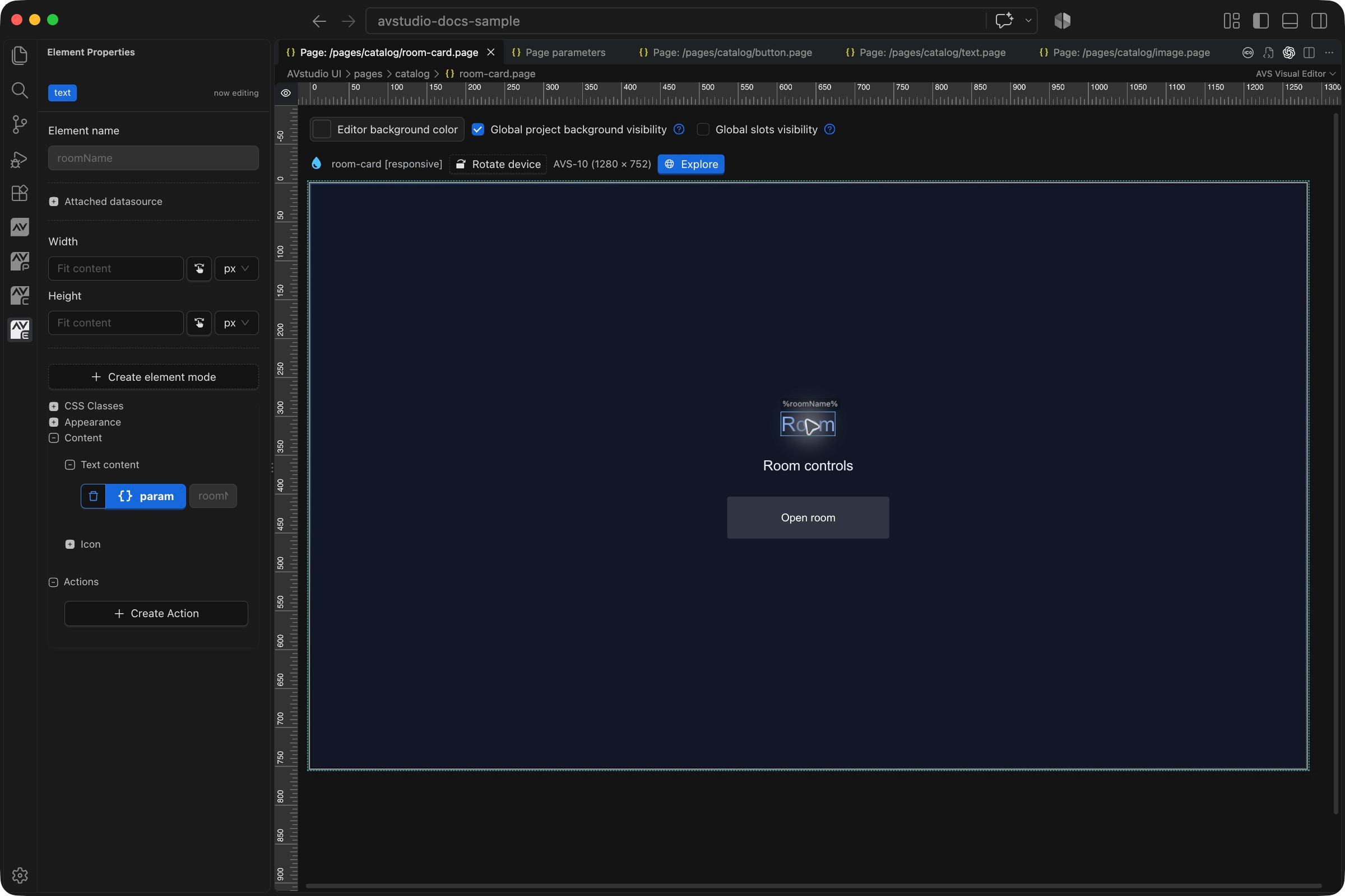 Target room-card.page opened in VS Code after Edit attached subpage, with its internal Text element selected