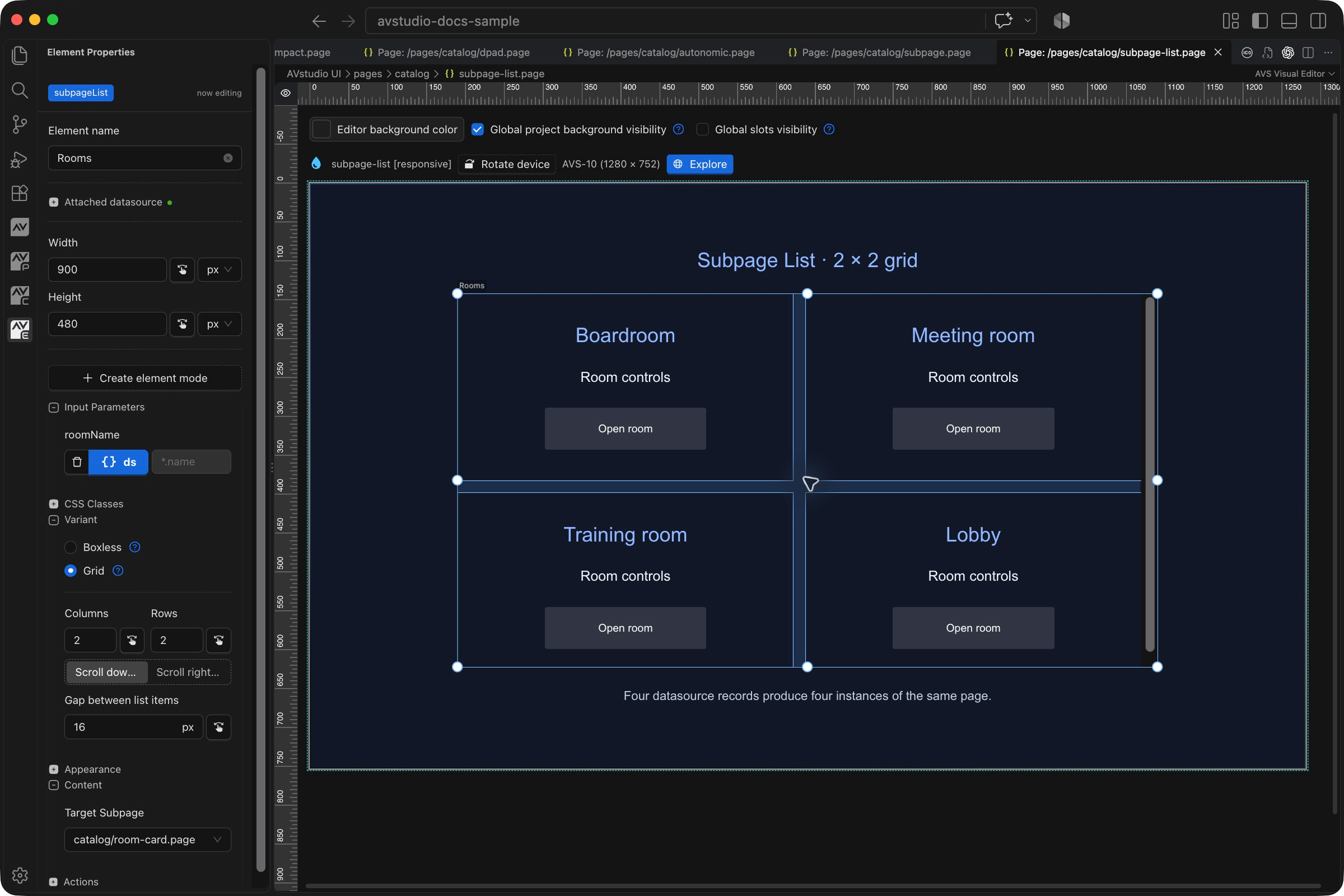 Subpage List selected in VS Code with its Element Properties sidebar and visual canvas