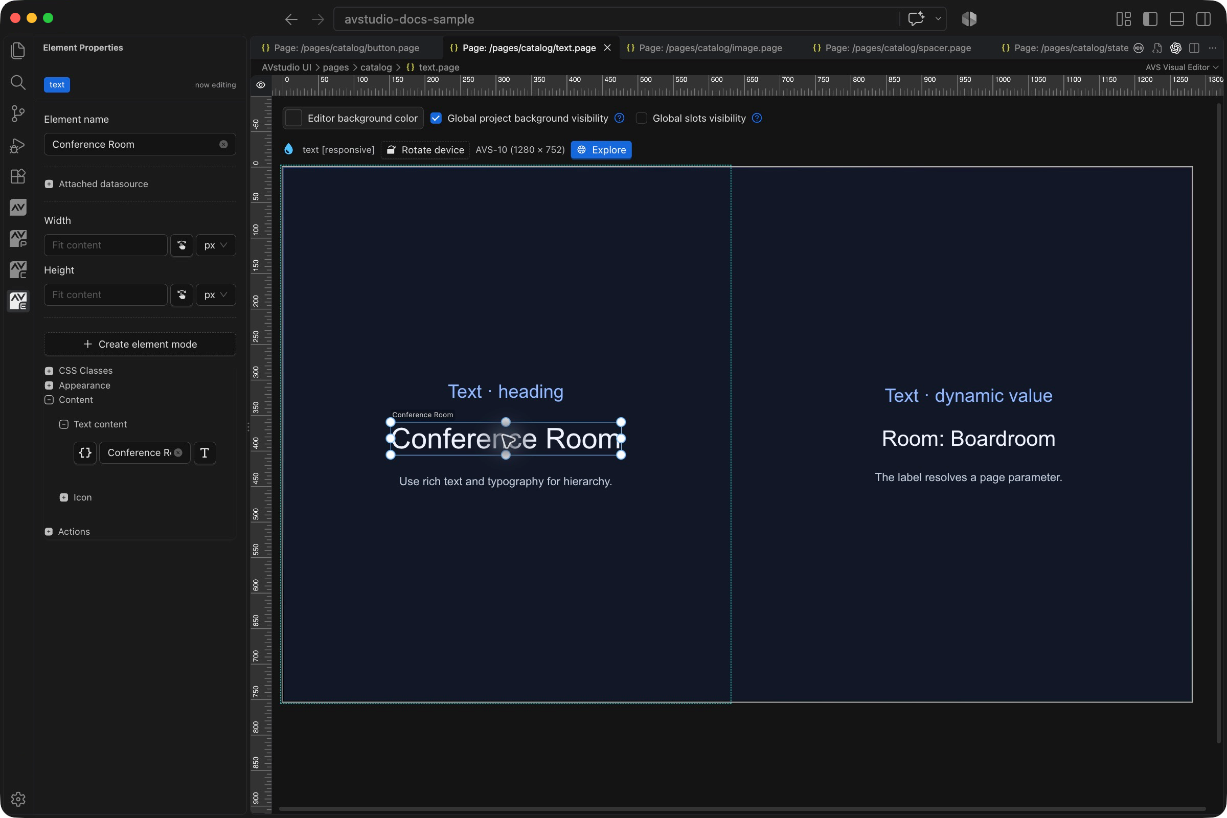 Text selected in VS Code with its Element Properties sidebar and visual canvas