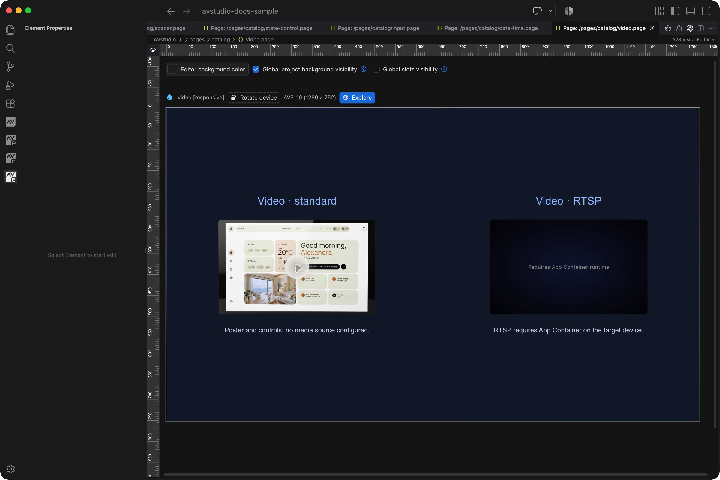 Video selected in VS Code with its Element Properties sidebar and visual canvas