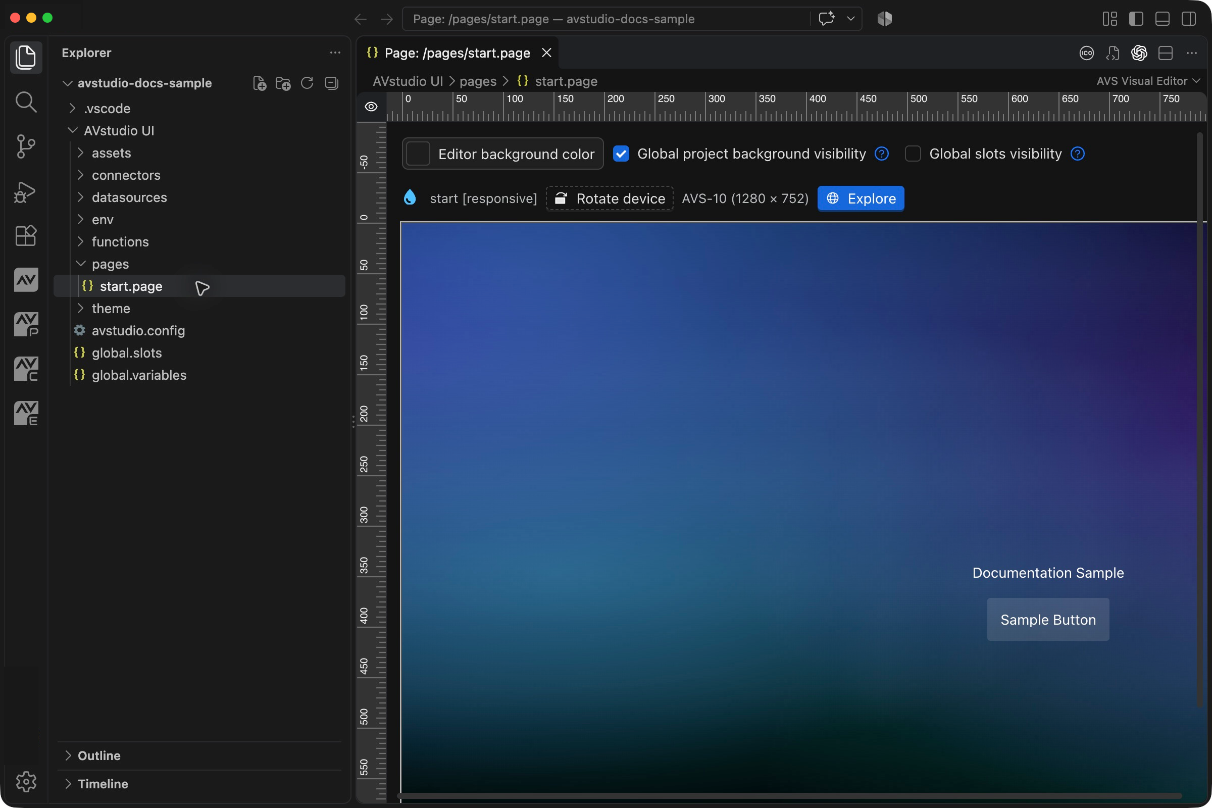 AVstudio visual editor showing a privacy-safe sample project, project files, responsive canvas, sample text, and a button