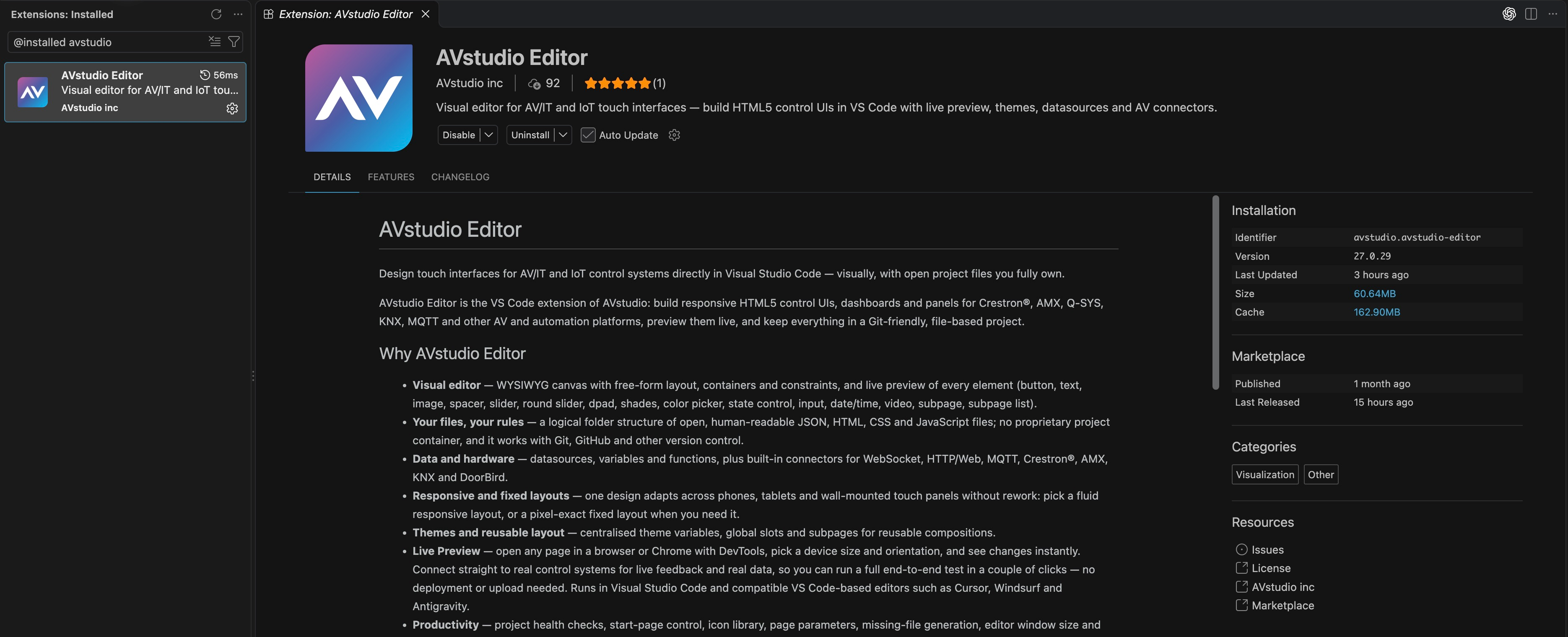 AVstudio Editor installed in VS Code, with Installation and Version 27.0.29 visible on the right