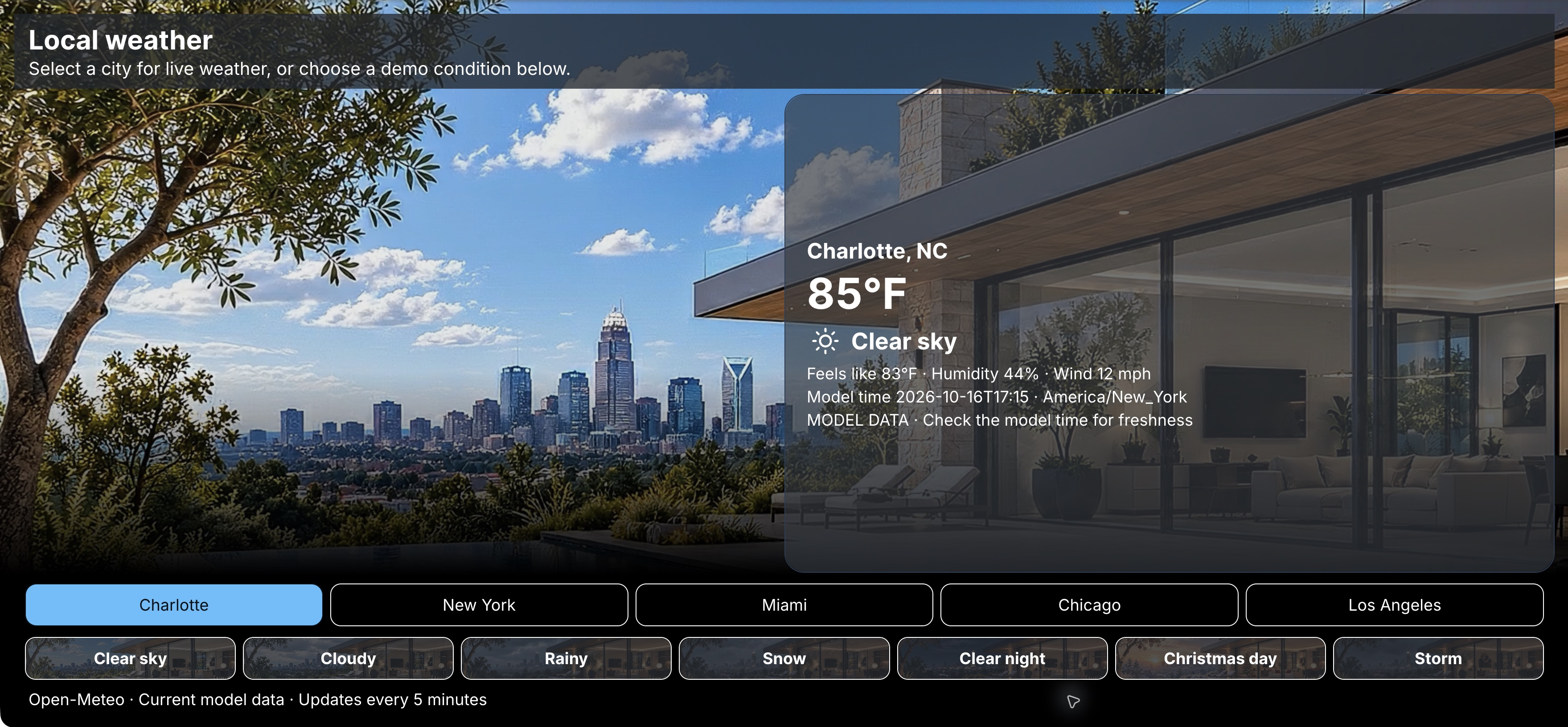 Weather dashboard showing Charlotte model data, a model timestamp, city buttons, and separate simulated-condition controls