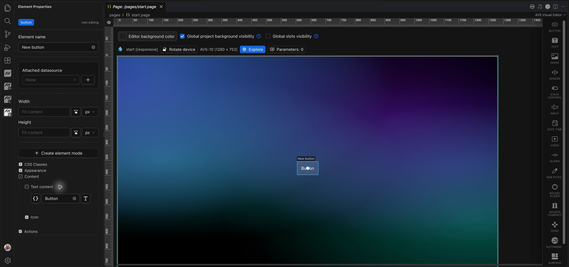 Element Properties for the selected Button, with Content and Text content expanded