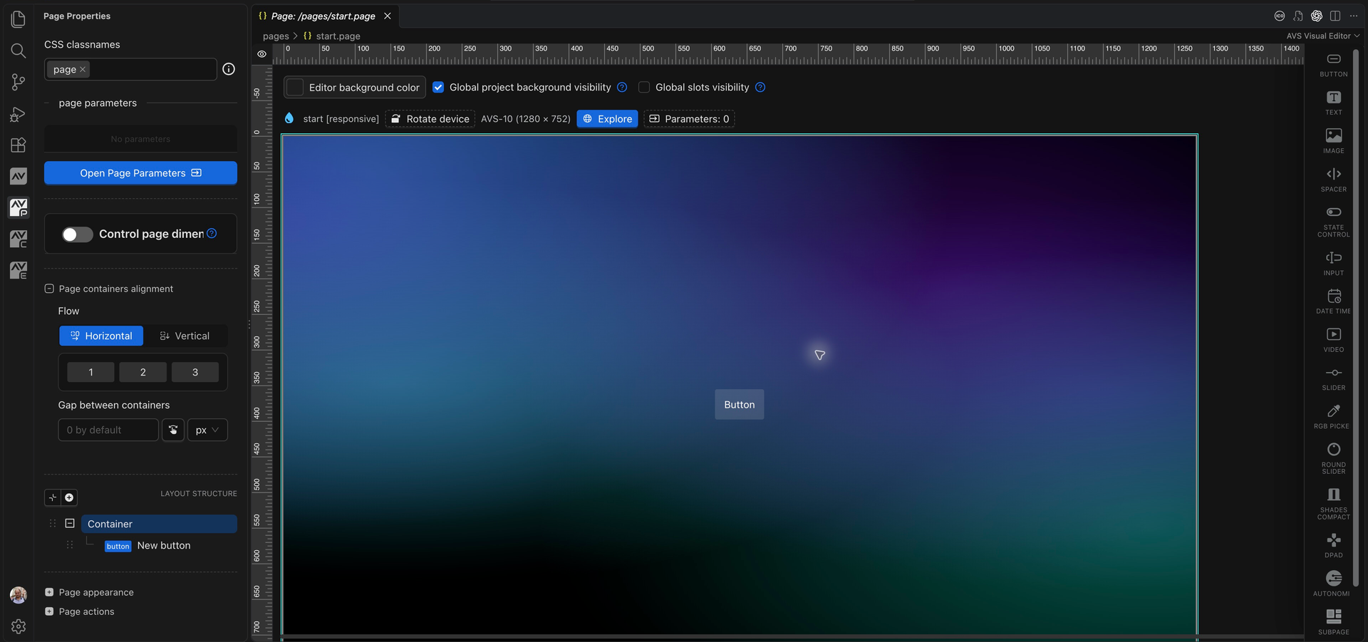 Page Properties beside the AVstudio UI start page, showing page parameters, alignment, and layout structure
